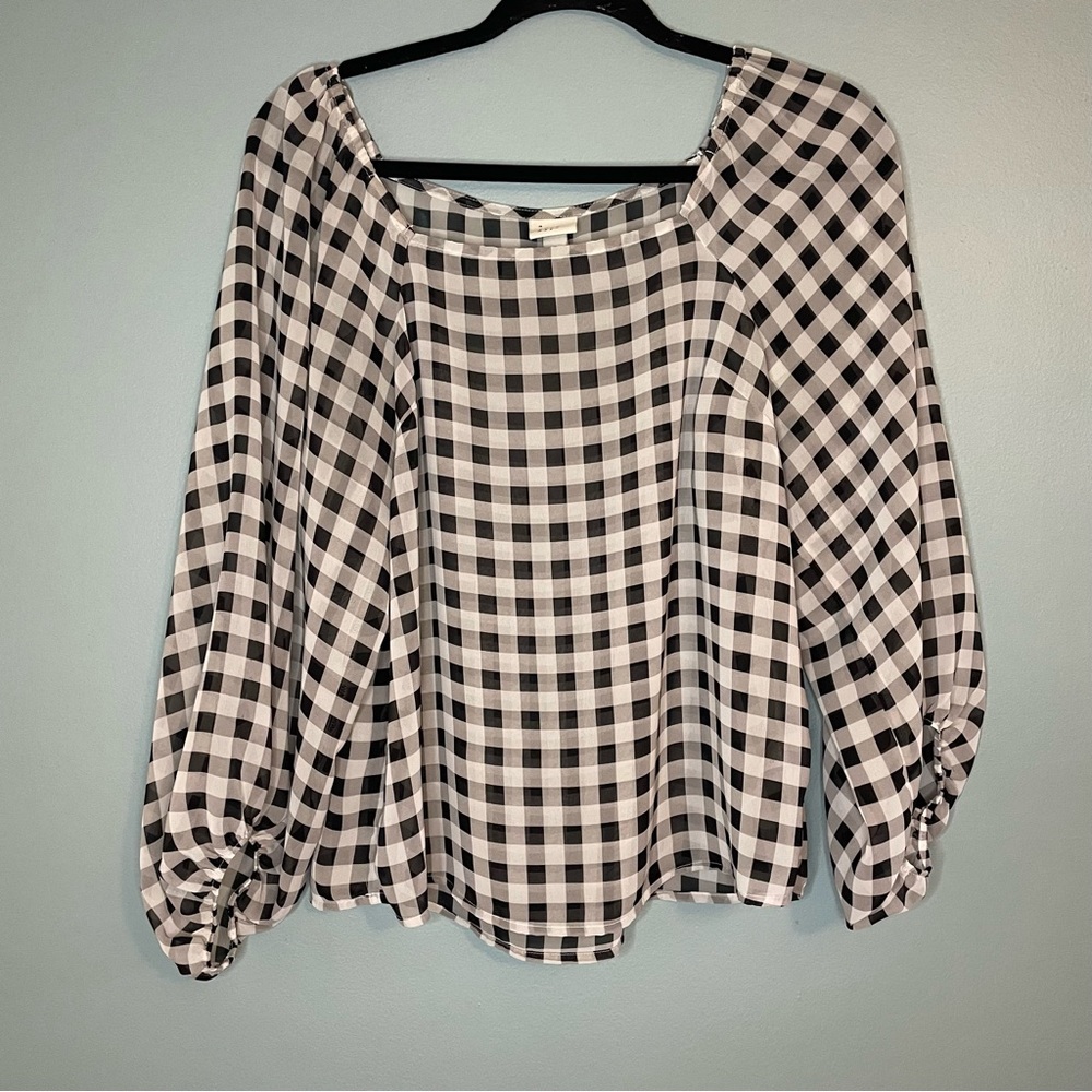 New Day Black and White Gingham Elastic Balloon Sleeve Sheer Blouse, M